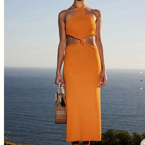 CULT GAIA Cameron Knit Dress Midi Open Back Halter In Apricot Orange Size XL NWT